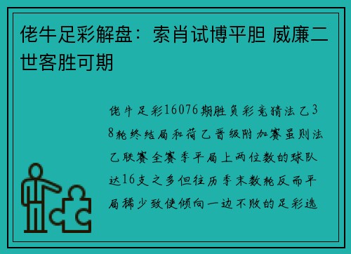 佬牛足彩解盘：索肖试博平胆 威廉二世客胜可期